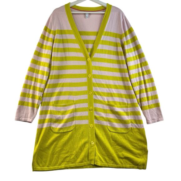 Isaac Mizrahi XL Stripe Button Front Cardigan Sweater Long Duster Green Pink - Picture 3 of 14